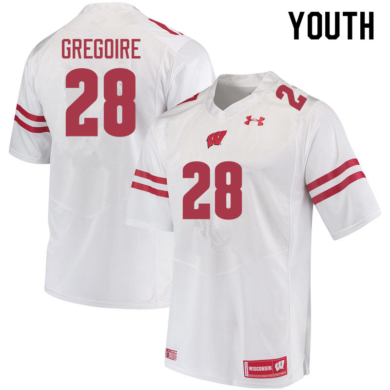 Youth #28 Mike Gregoire Wisconsin Badgers College Football Jerseys Sale-White - Click Image to Close